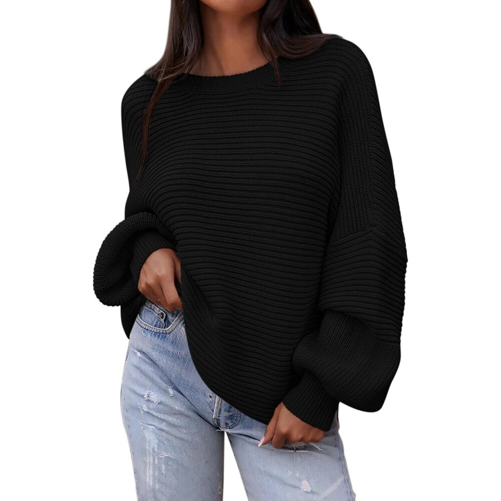 Chic Lantern Sleeve Black Pullover Sweater - Oversized Comfort For Fall 2025